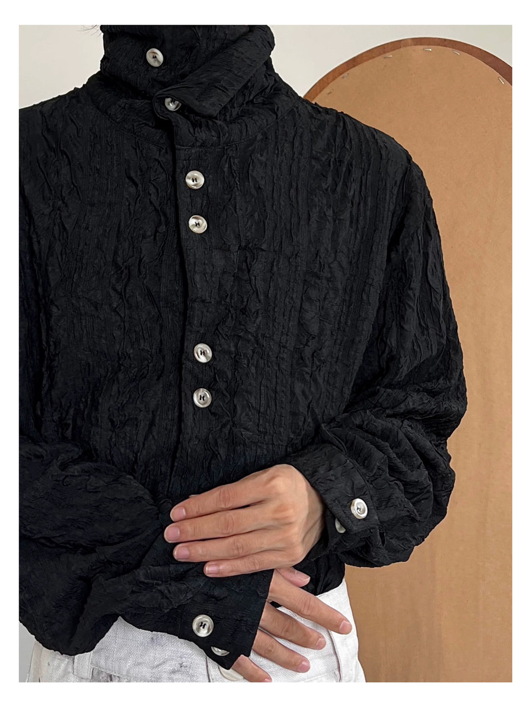 Pleated High Collar Long Sleeve Shirt