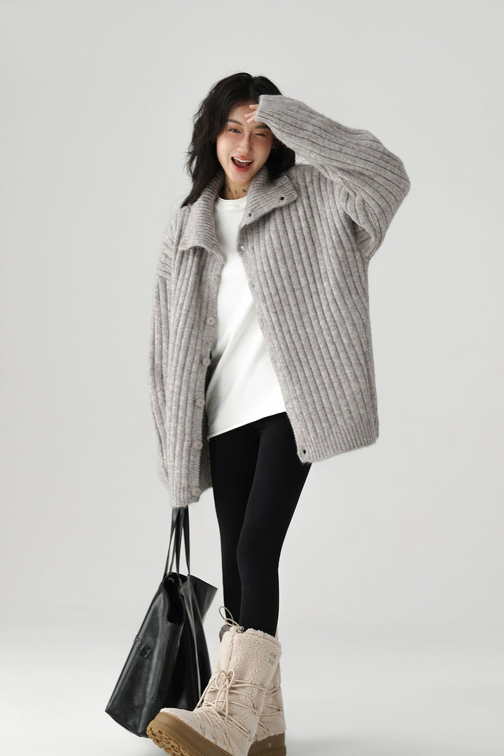 Ribbed Turtleneck Button-Up Sweater Jacket