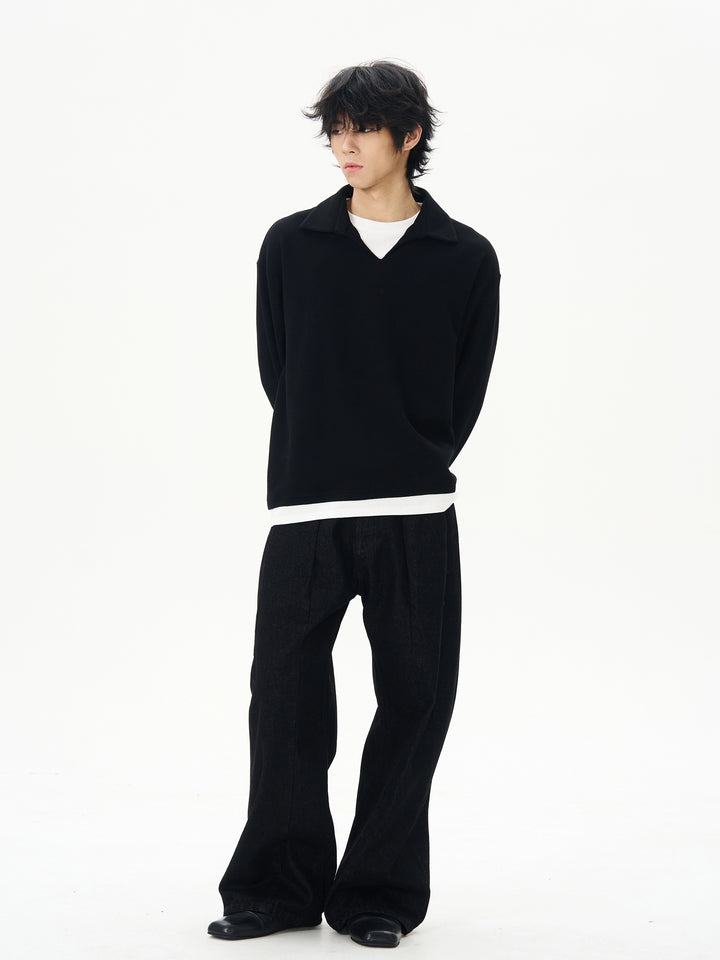 Black Waffle Polo Collar Sweatshirt