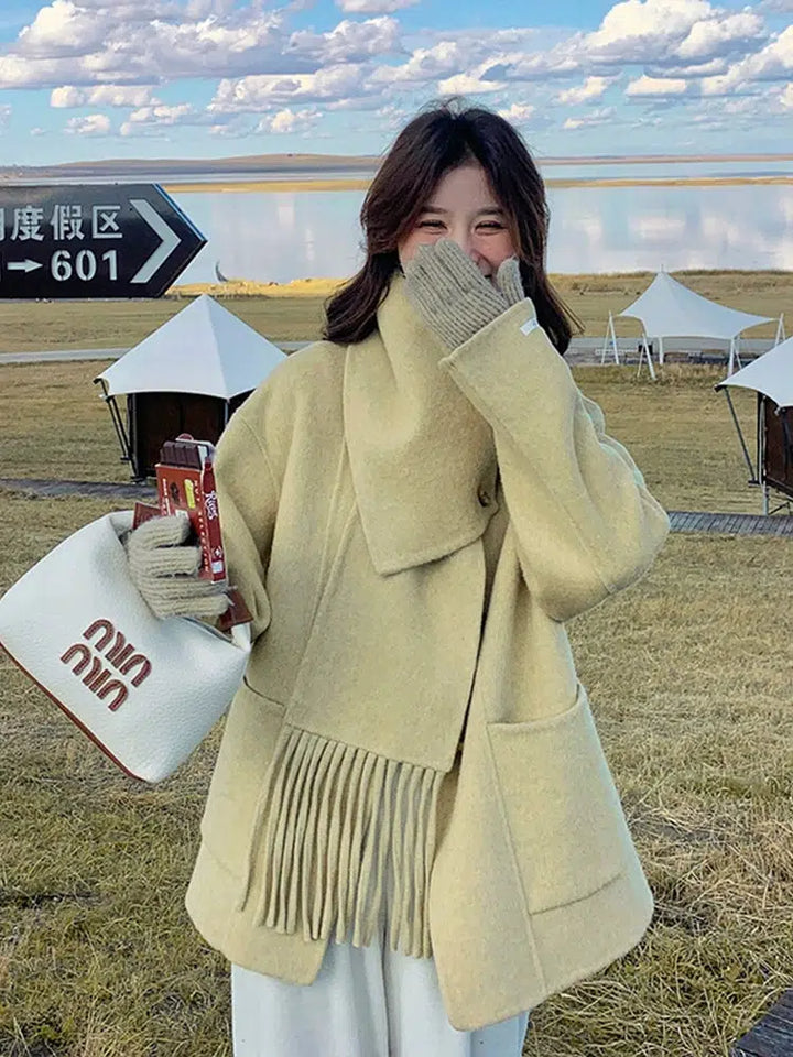 Woolen Double-Sided Short Coat with Scarf-The Korean Fashion