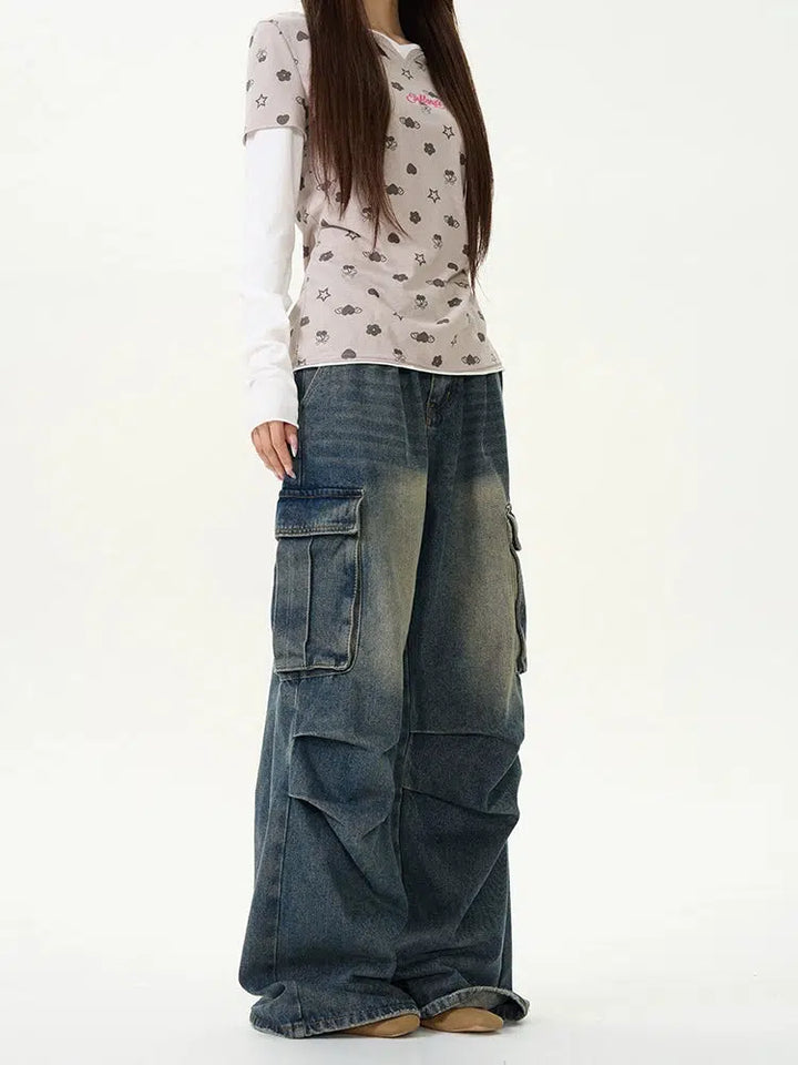 Retro Pleated Multi-Pocket Workwear Jeans-The Korean Fashion