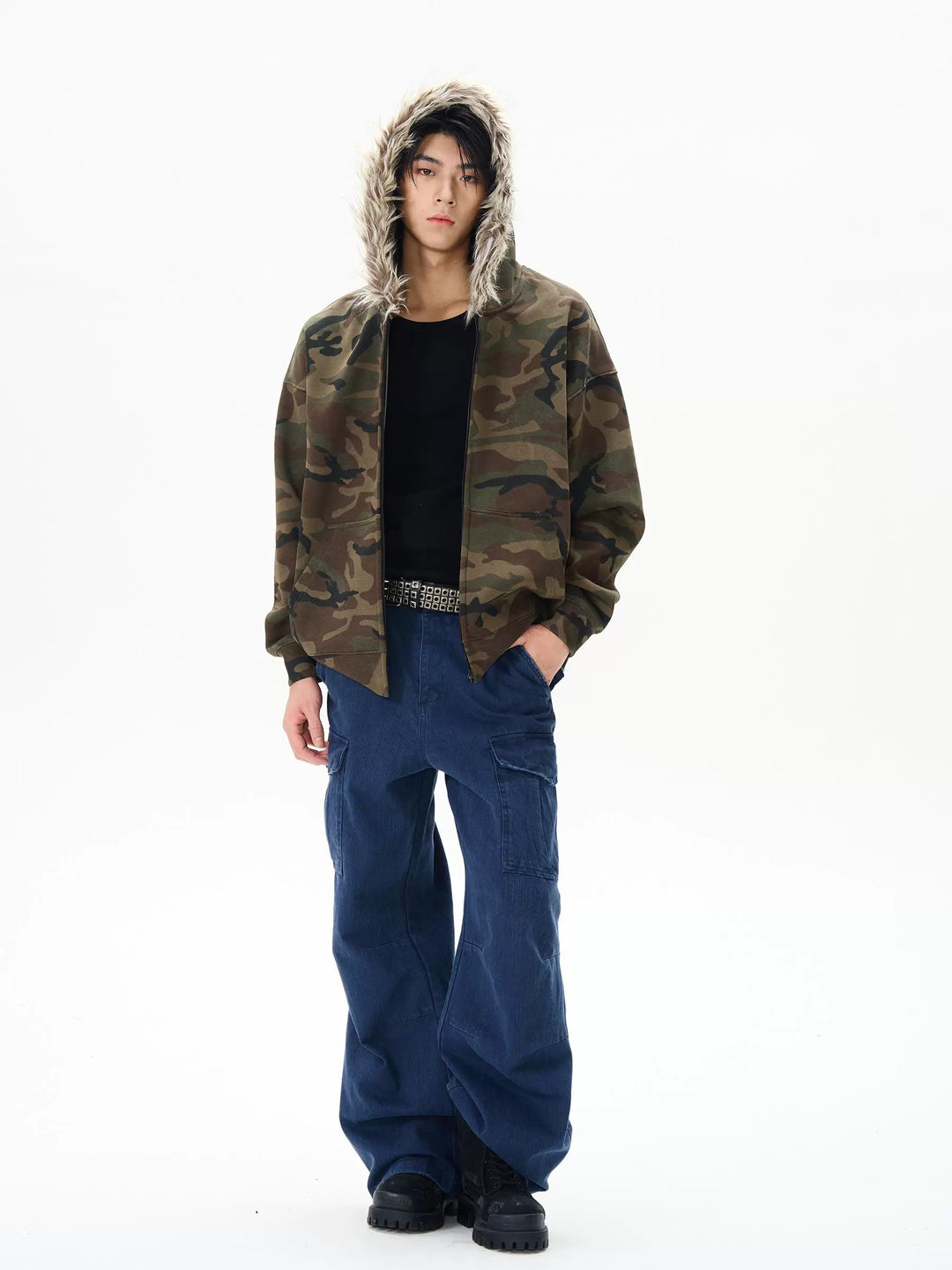 Camouflage Fur Collar Hooded Sweatshirt