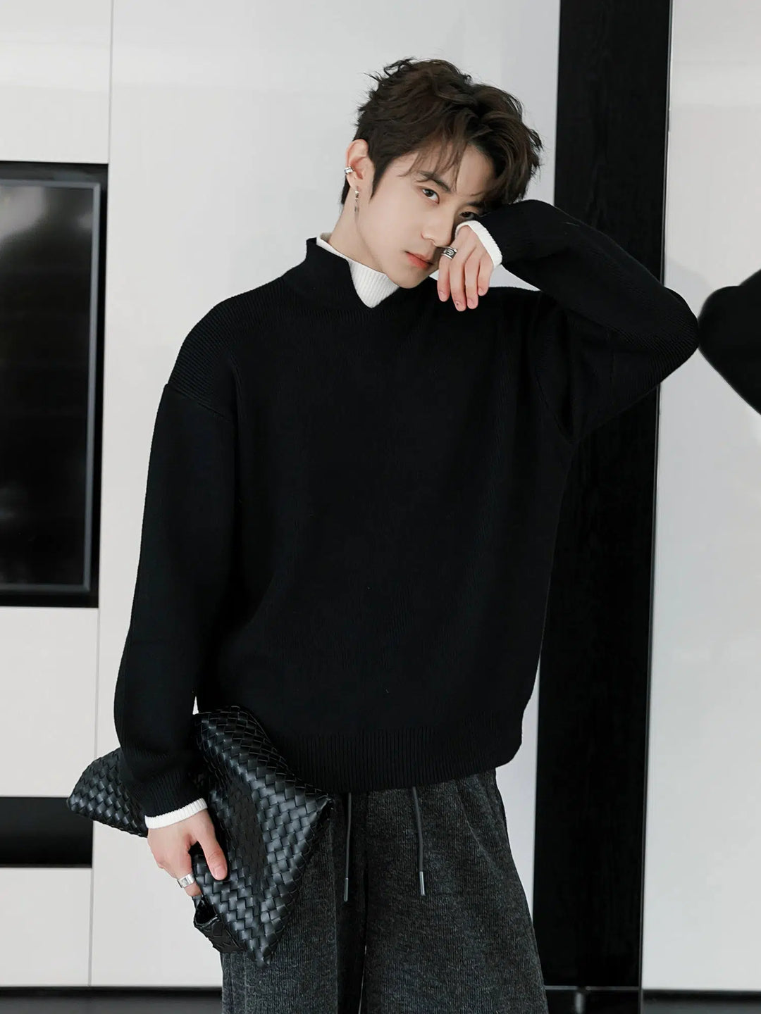 Double-Layer Half Turtleneck Knit Sweater-The Korean Fashion