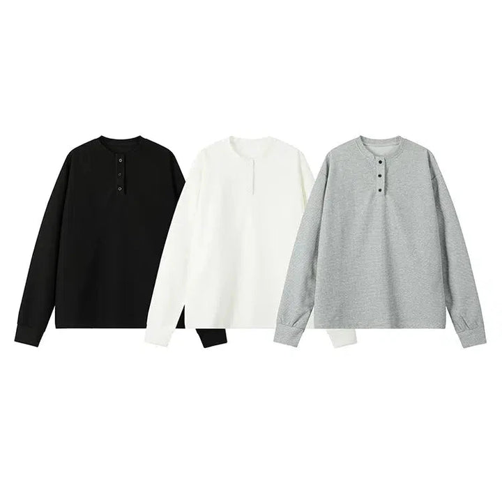 Loosely-Fitted Henley Long-Sleeve Pullover Shirt-The Korean Fashion