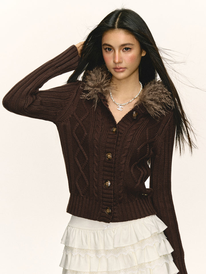 Hooded Knitted Cardigan with Detachable Fur