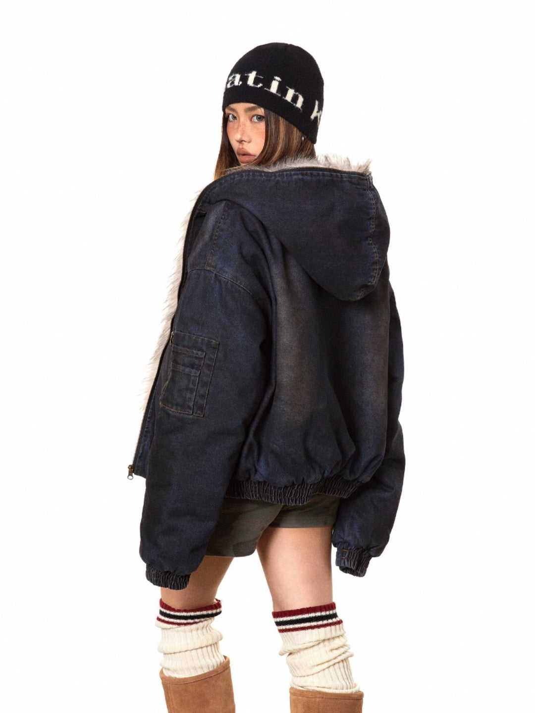 Heavy Washed Denim Fur-Lined Parka