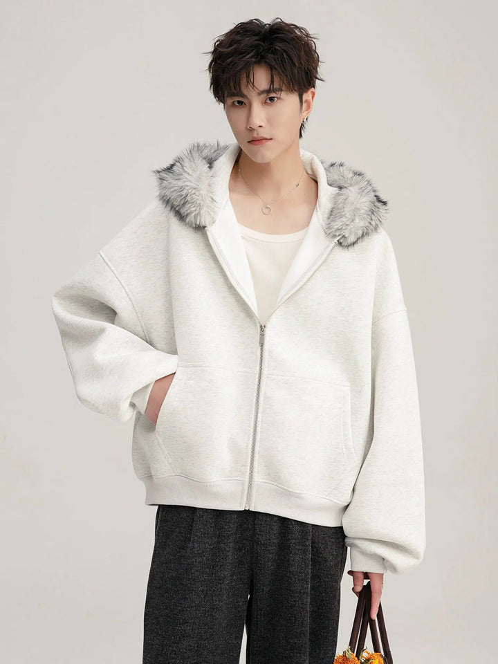 Hooded Fur Collar Zipper Cardigan Hoodie-The Korean Fashion