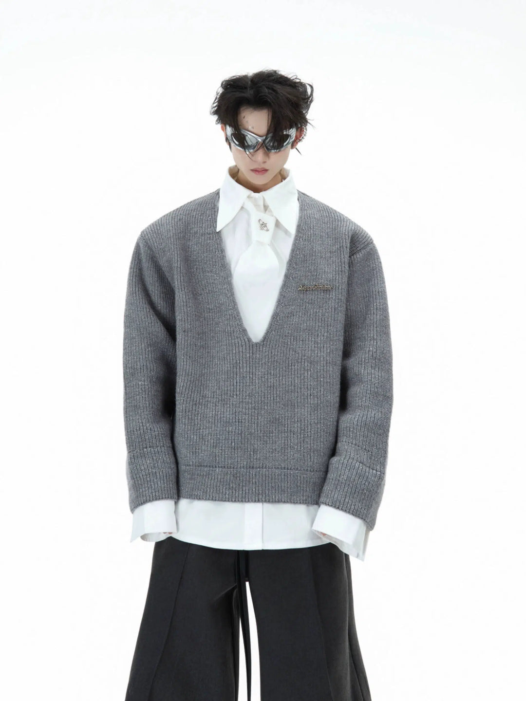 Knitted Patchwork Lapel Pullover-The Korean Fashion