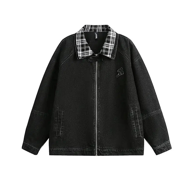 Plaid Collar Patchwork Denim Jacket