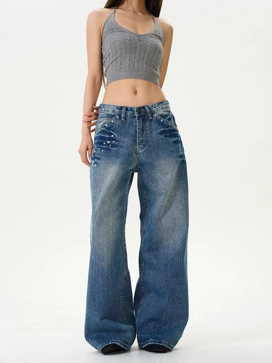 Wide-Leg Loose Fit Diamond Jeans-The Korean Fashion