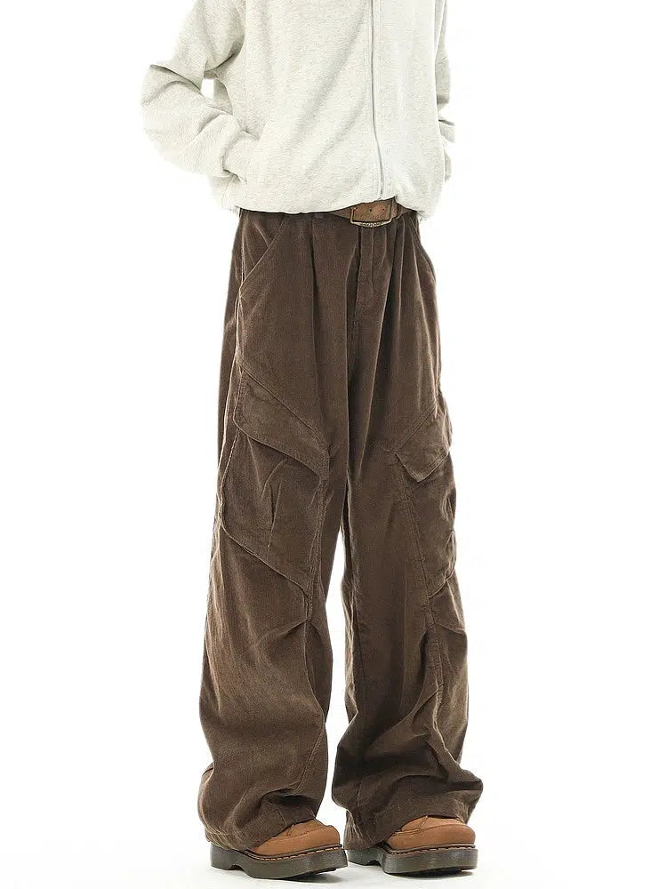 Corduroy Multi-pocket Loose Wide-leg Pants-The Korean Fashion