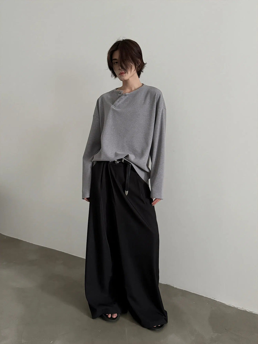 Long-Sleeve Oblique Button Pullover