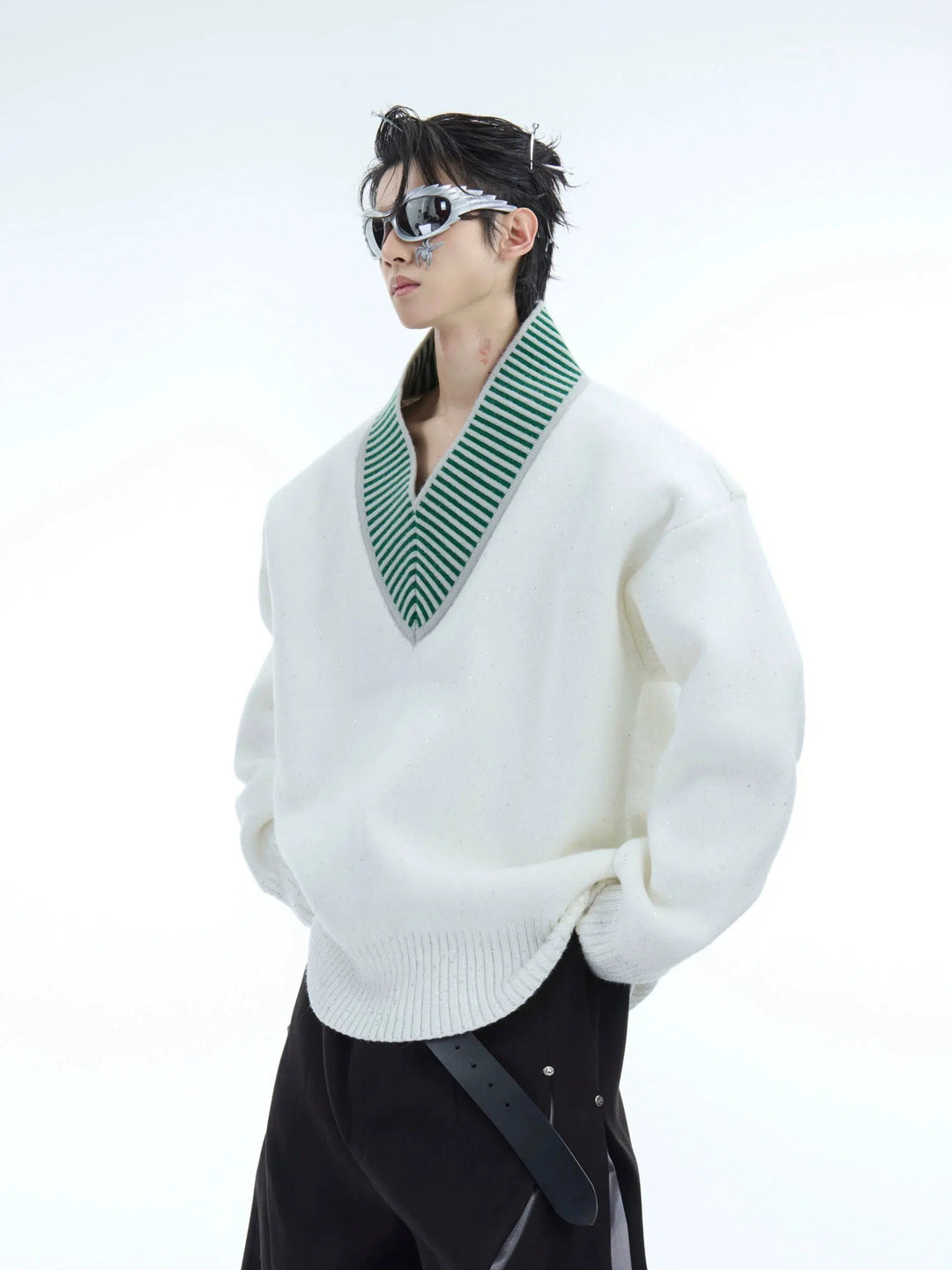 V-Neck Knitted Sweater with Contrast Trim-The Korean Fashion