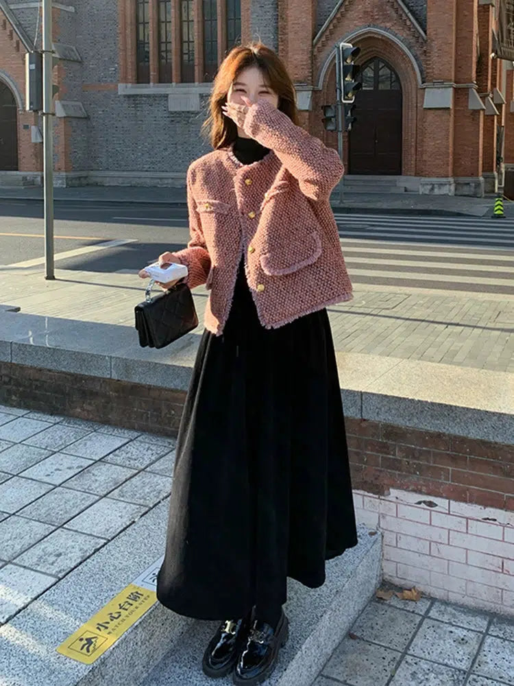 Tweed Tassel Two-Piece Coat Dress Suit-The Korean Fashion