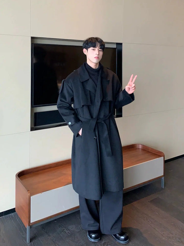 Mid-length Double-breasted Wool Coat with Belt-The Korean Fashion