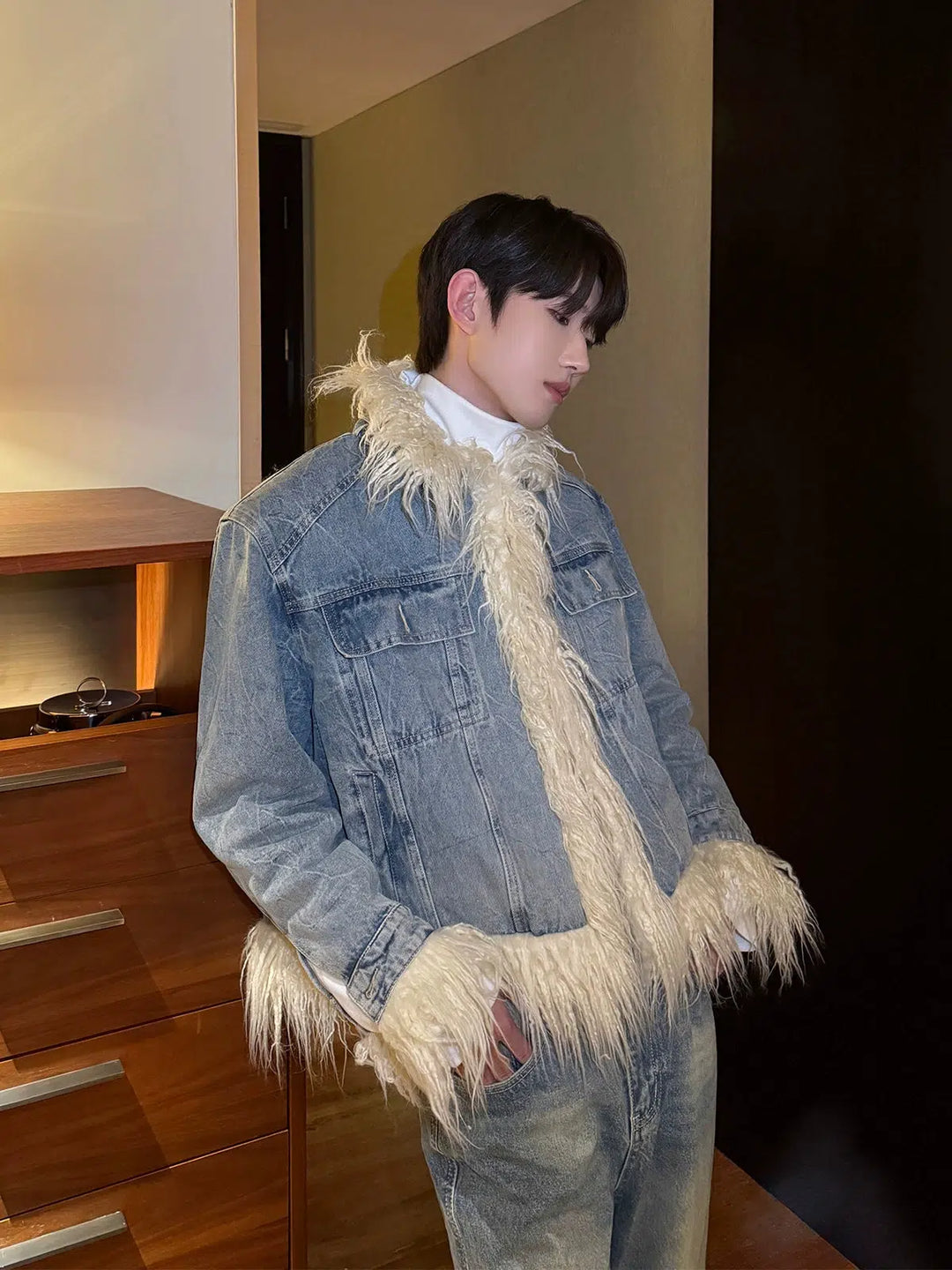 Fur Collar Patchwork Quilted Denim Jacket-The Korean Fashion