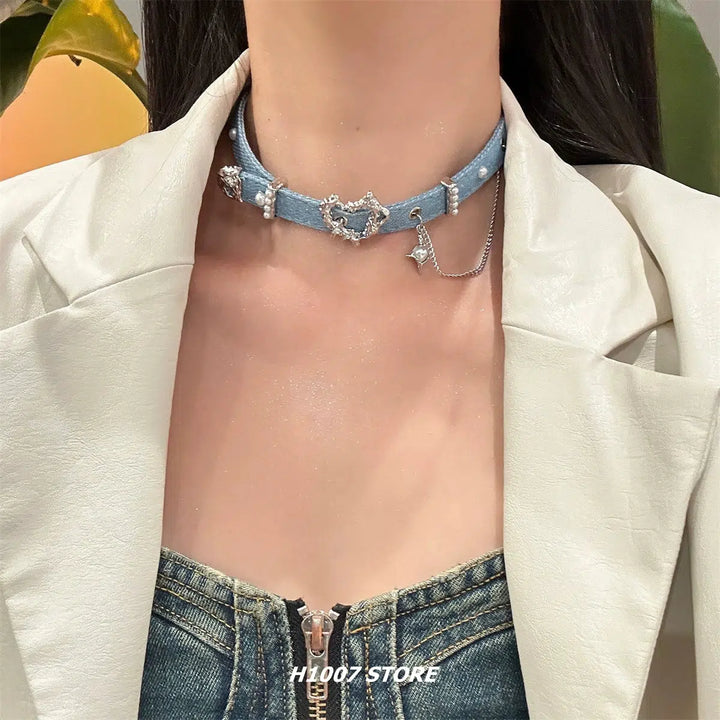 Denim Punk Heart Choker Necklace