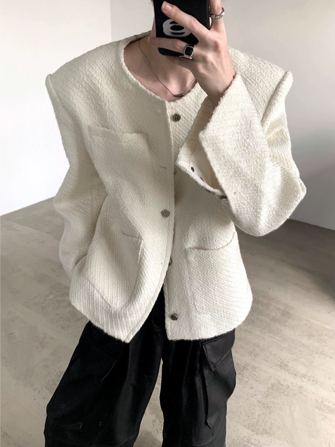 Collarless Wool Jacket with Shoulder Pads