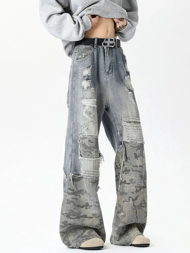 Distressed Patchwork Wide-Leg Jeans