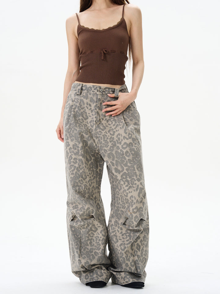 Wide-leg Straight Leopard Print Pants