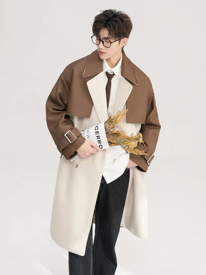 Dual-Tone Contrast Wool Coat with Belt-The Korean Fashion