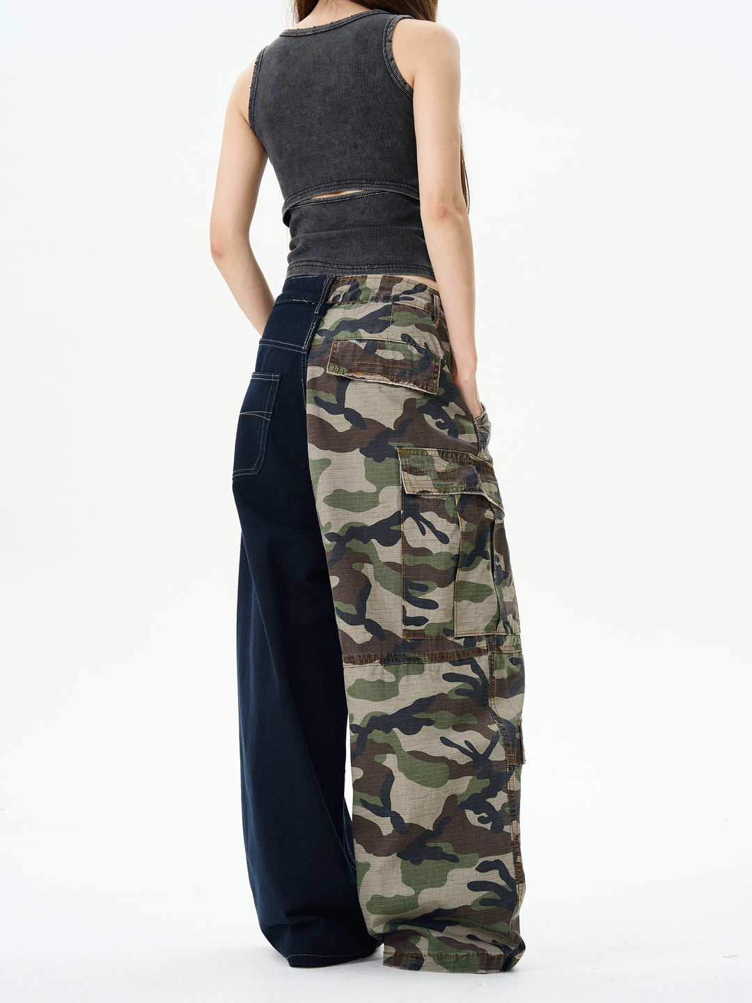 Camouflage Splicing Wide-Leg Cargo Pants