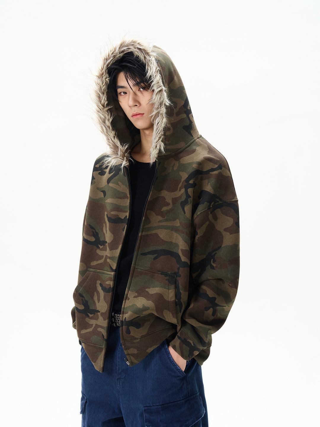 Camouflage Fur Collar Hooded Sweatshirt