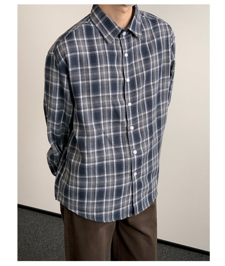 Dark Blue Long-sleeved Check Shirt