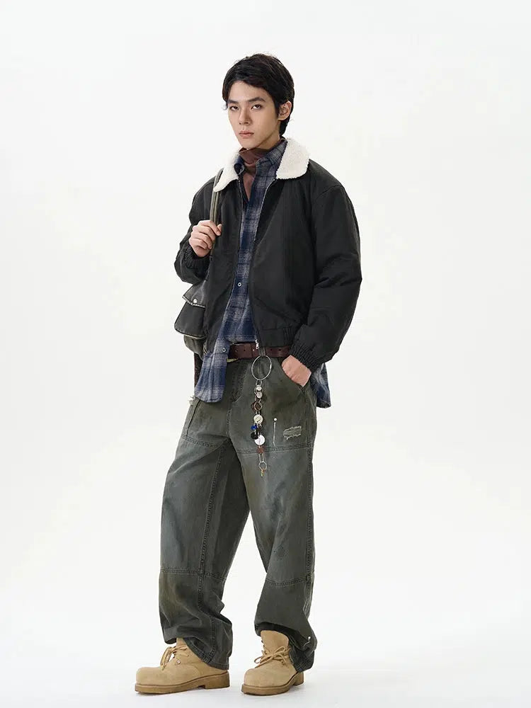 Retro Workwear Cotton Jacket with Sherpa Collar-The Korean Fashion