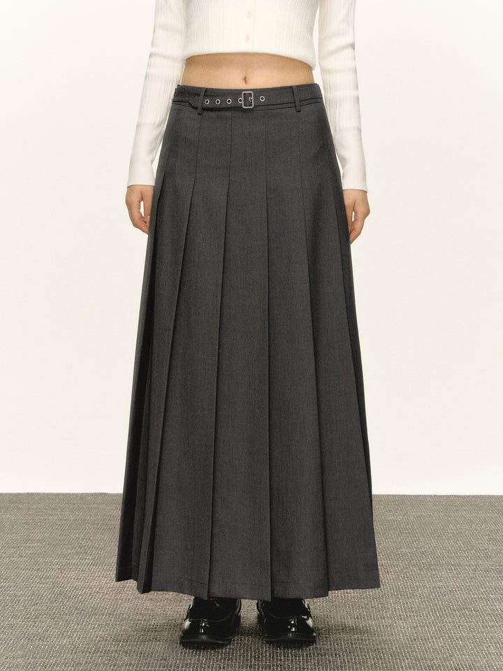 Pleated A-Line Skirt with Belt