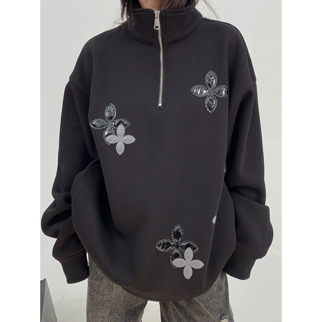 Leather Embroidery Stand Collar Hoodie