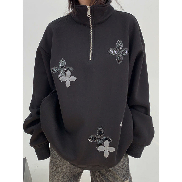 Leather Embroidery Stand Collar Hoodie