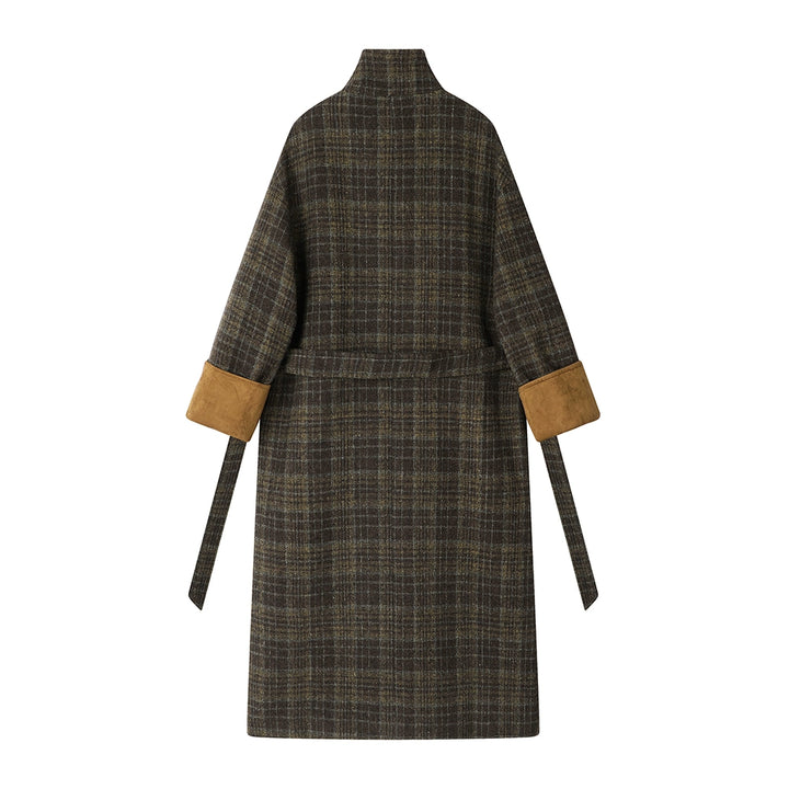 Plaid Wool Long Coat with Belt