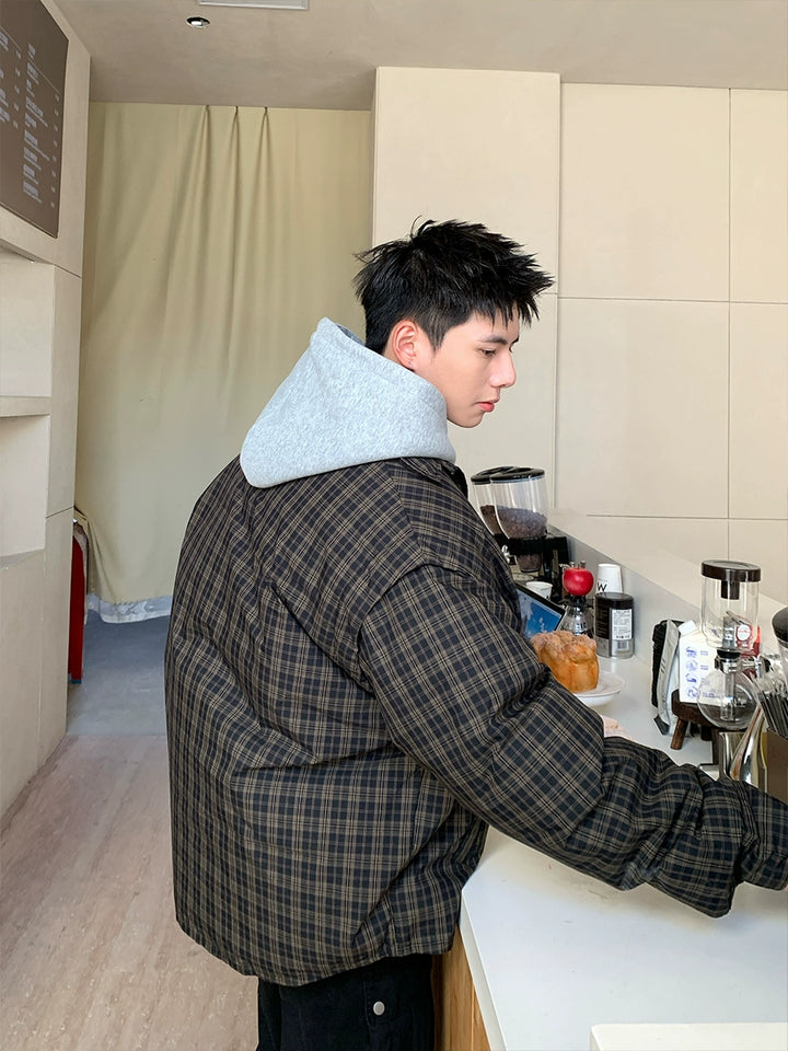 Veste matelassée à revers à carreaux pour hommes 