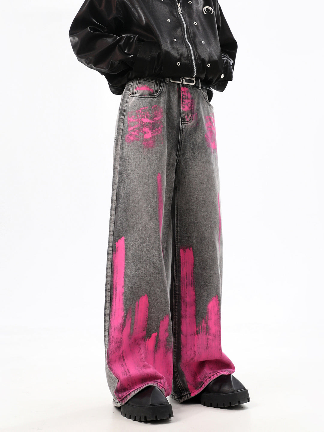 Graffiti Drape Wide-Leg Jeans Pants