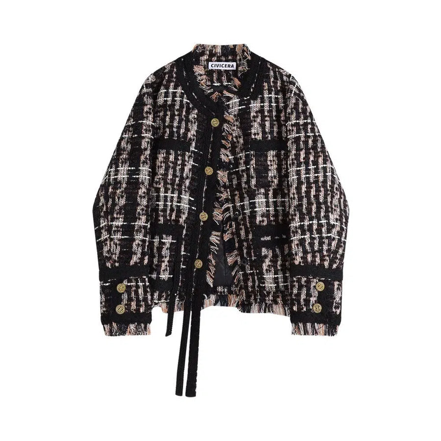 Fringe Trim Plaid Pattern Tweed Coat