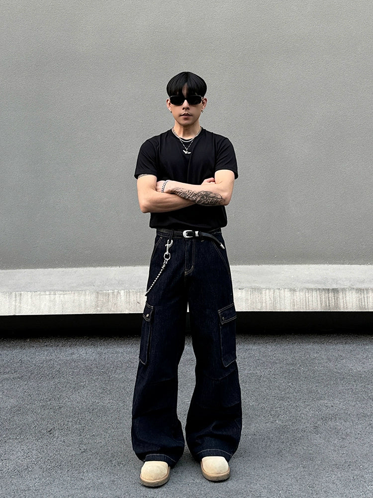 Pantalons cargo en denim selvedge à coupe ample 