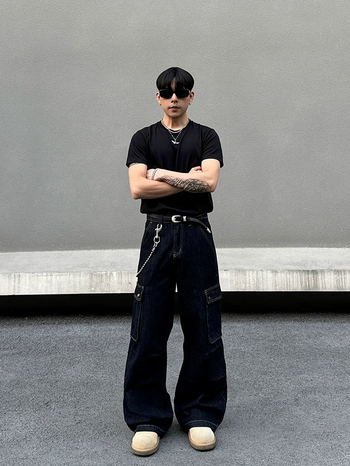 Lösa passform selvedge denim cargo-byxor 