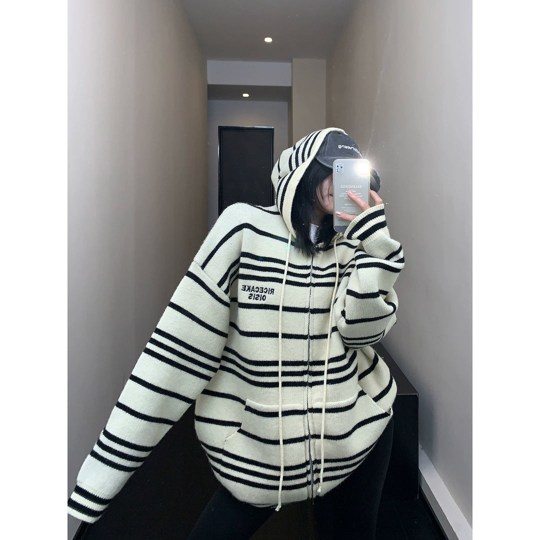 Striped Embroidered Hoodie Sweater-The Korean Fashion