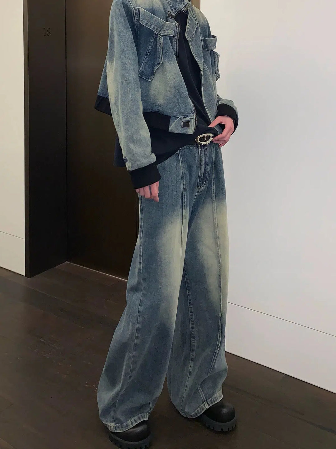 Wide-Leg Distressed Floor-Length Jeans-The Korean Fashion