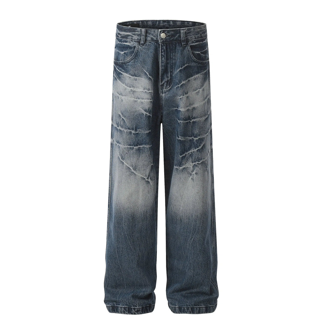 Wide-Leg Lightning Pattern Washed Jeans