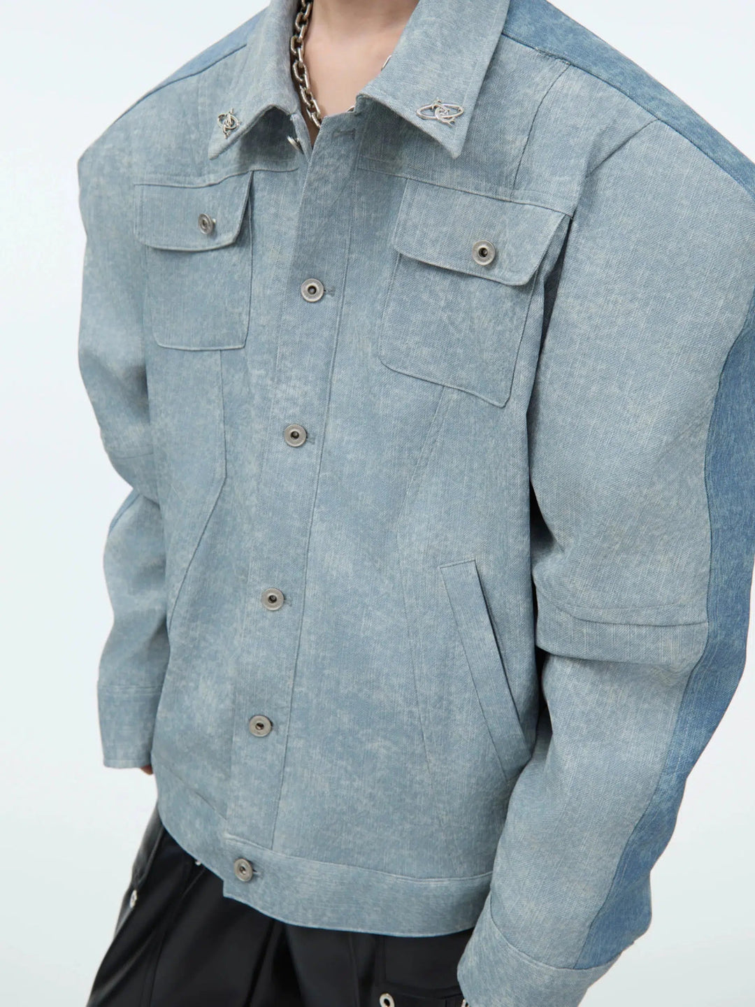 PU Leather Shoulder Pad Denim Jacket