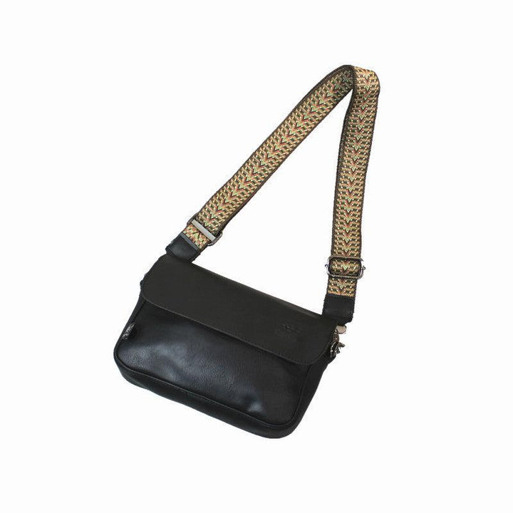 Black Faux Leather Flap Shoulder Bag