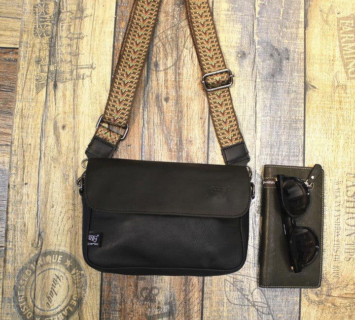 Black Faux Leather Flap Shoulder Bag