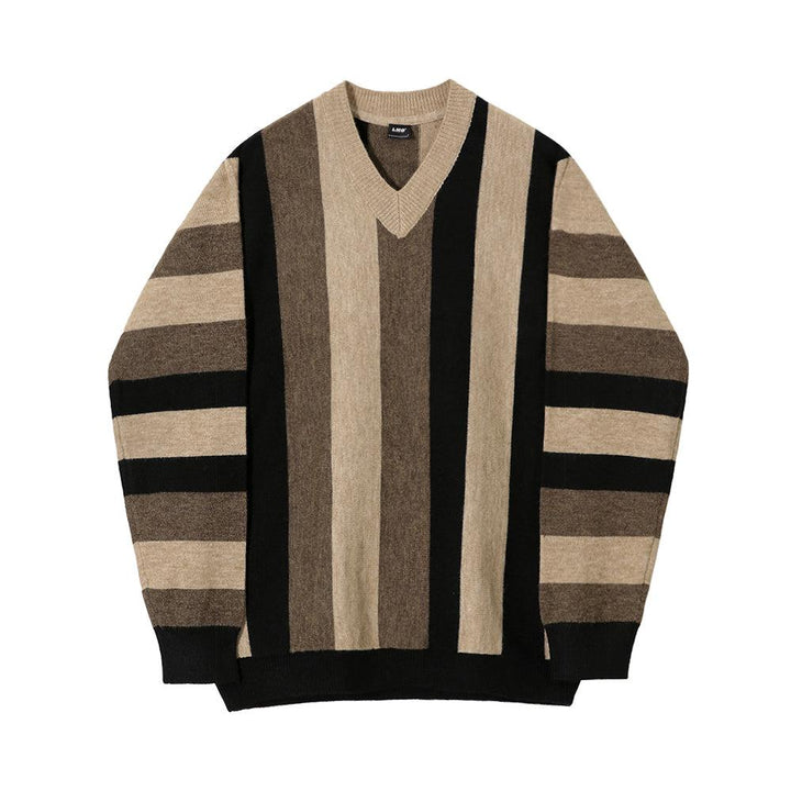 Brown V Neck Striped Sweater