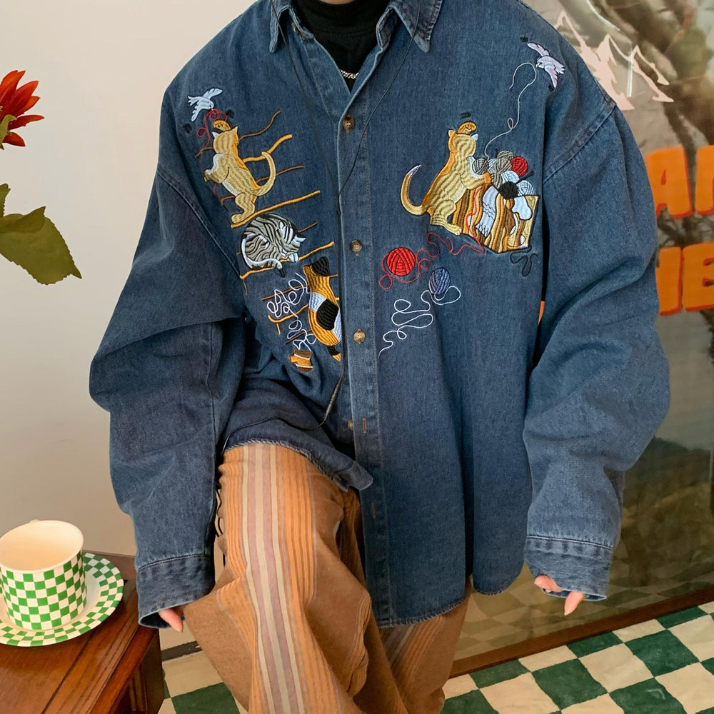 Cat Embroidery Retro Denim Shirt