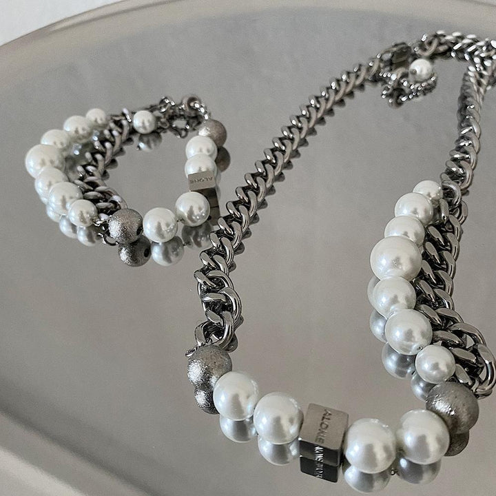 Cuban Chain Pearl Stitching Necklace