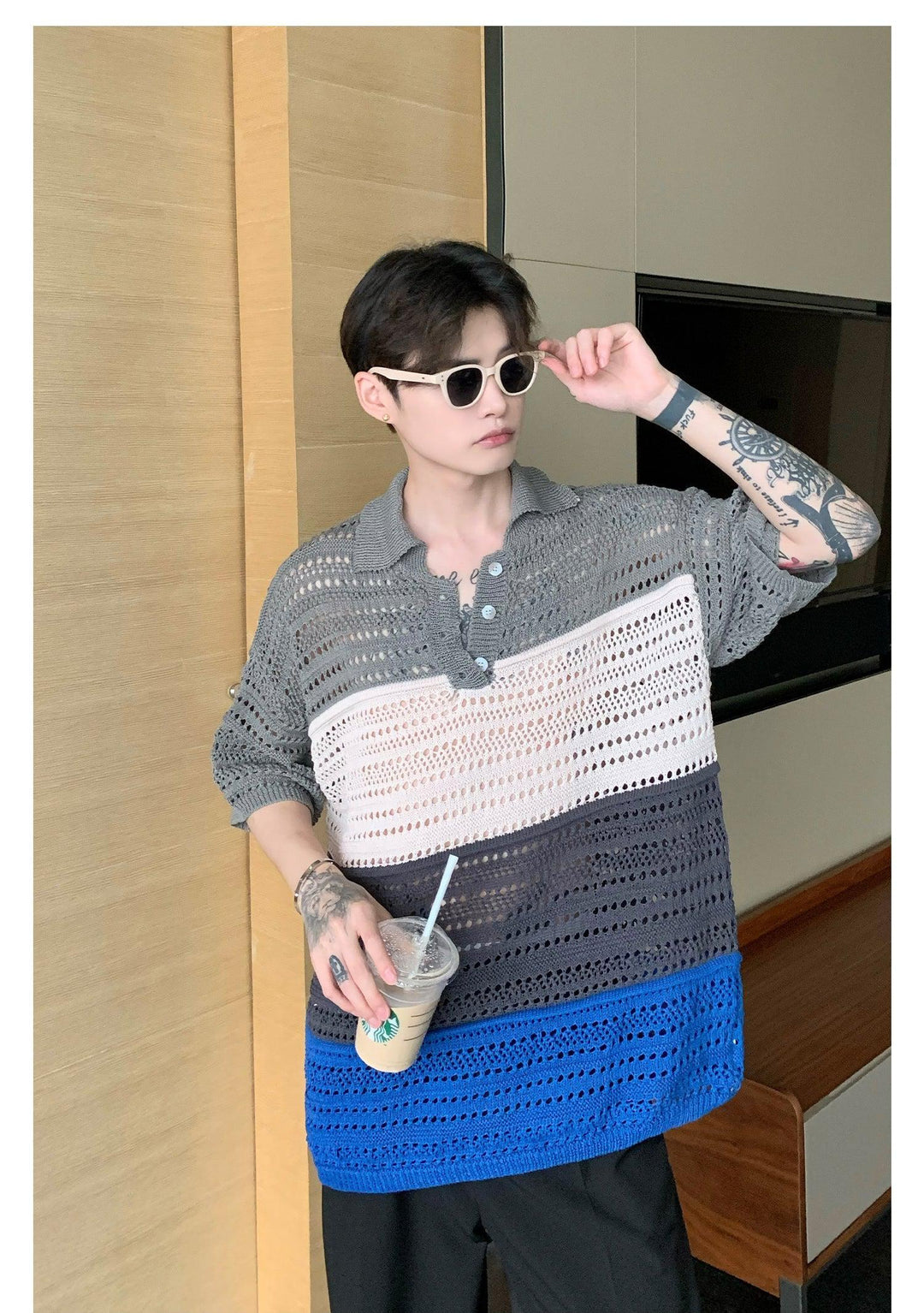 Mesh-knit Striped Polo Shirt