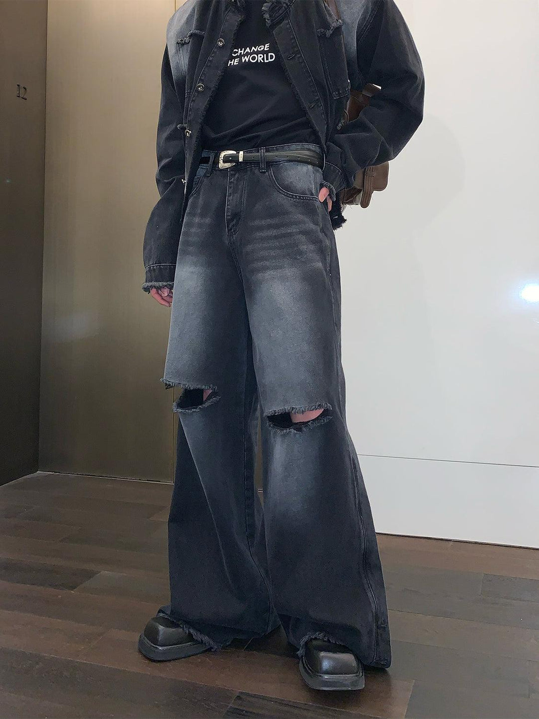 Ripped Side Slit Wide-leg jeans