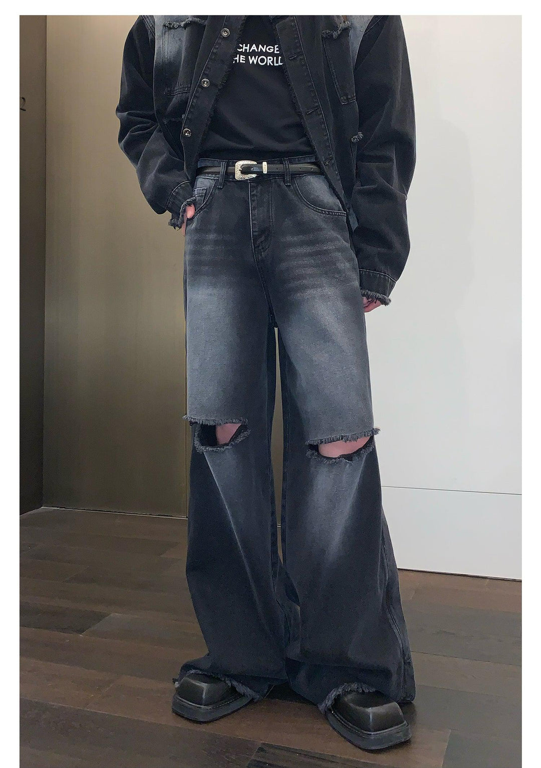 Ripped Side Slit Wide-leg jeans